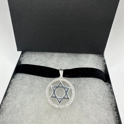 Vintage Silver Star of David Pendant Choker Necklace | 925 Sterling Silver Jewish Star Velvet Ribbon Statement Charm Choker Necklace
