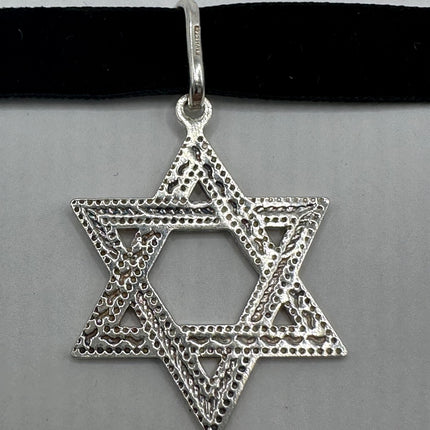 Vintage Silver Star of David Pendant Choker Necklace | 925 Sterling Silver Jewish Star Velvet Ribbon Statement Charm Choker Necklace