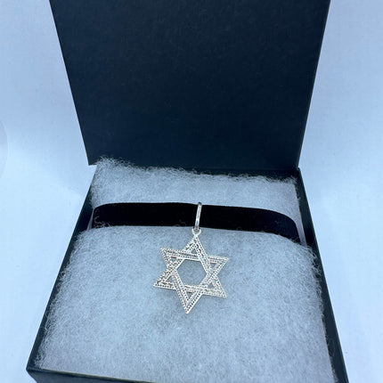 Vintage Silver Star of David Pendant Choker Necklace | 925 Sterling Silver Jewish Star Velvet Ribbon Statement Charm Choker Necklace