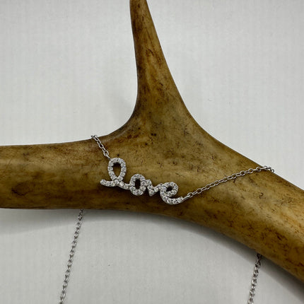 Vintage Silver Necklace | Mini Love Word Script Tiny Cubic Zirconia Crystal Diamond | 925 Sterling Silver Delicate Chain Necklace