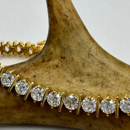 Vintage Gold Tennis Bracelet | Bezel Set Cubic Zirconia Clear Crystal Diamond | Golden 925 Sterling Silver Elegant Everyday Wedding Jewelry