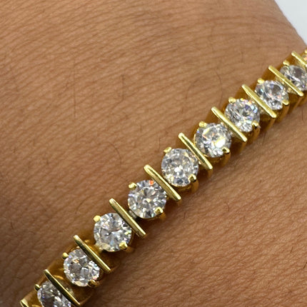 Vintage Gold Tennis Bracelet | Bezel Set Cubic Zirconia Clear Crystal Diamond | Golden 925 Sterling Silver Elegant Everyday Wedding Jewelry