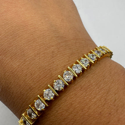 Vintage Gold Tennis Bracelet | Bezel Set Cubic Zirconia Clear Crystal Diamond | Golden 925 Sterling Silver Elegant Everyday Wedding Jewelry
