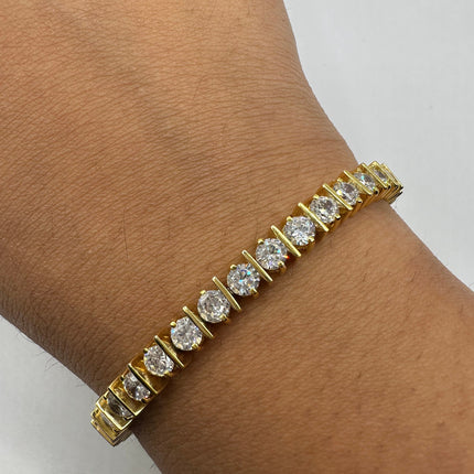 Vintage Gold Tennis Bracelet | Bezel Set Cubic Zirconia Clear Crystal Diamond | Golden 925 Sterling Silver Elegant Everyday Wedding Jewelry