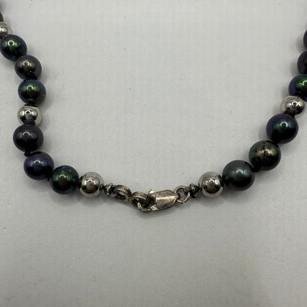 Vintage Sea shell 925 Sterling Silver chain black pearl Necklace