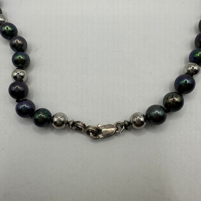 Vintage Sea shell 925 Sterling Silver chain black pearl Necklace