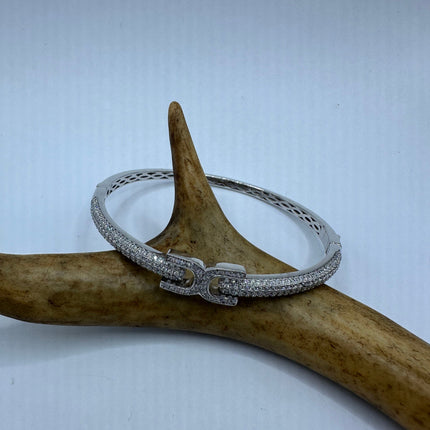 Vintage Silver Bangle | Cubic Zirconia Clear Crystal Diamond Gemstone Sparkling Cuff Bracelet | 925 Sterling Silver Elegant Wedding Everyday
