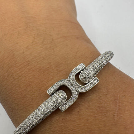 Vintage Silver Bangle | Cubic Zirconia Clear Crystal Diamond Gemstone Sparkling Cuff Bracelet | 925 Sterling Silver Elegant Wedding Everyday