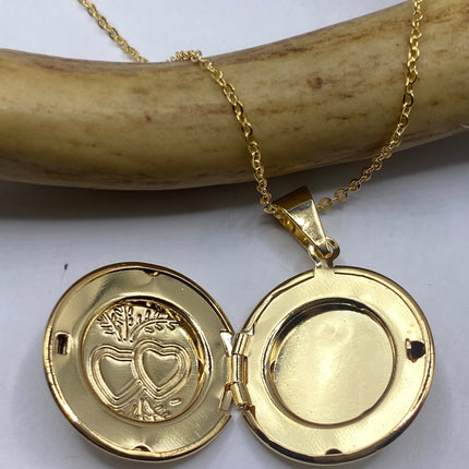 Vintage 9k Gold Filled Tiny Photo Locket on Chain Necklace - Engraved with Two Hearts