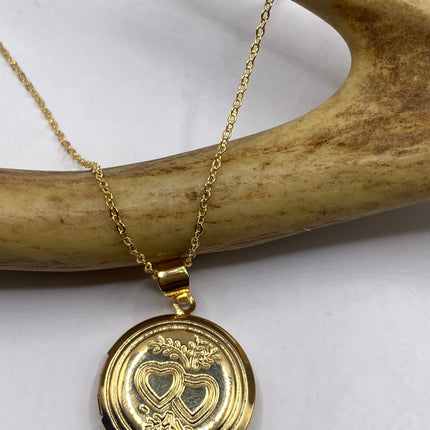 Vintage 9k Gold Filled Tiny Photo Locket on Chain Necklace - Engraved with Two Hearts