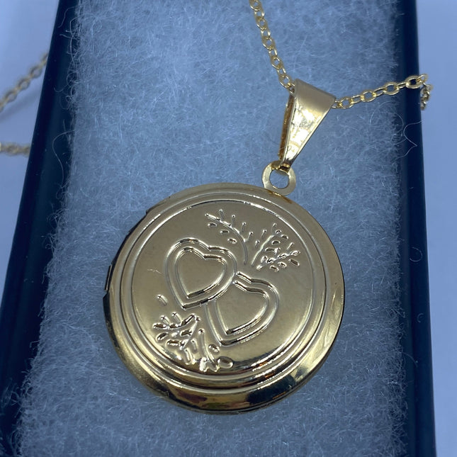 Vintage 9k Gold Filled Tiny Photo Locket on Chain Necklace - Engraved with Two Hearts