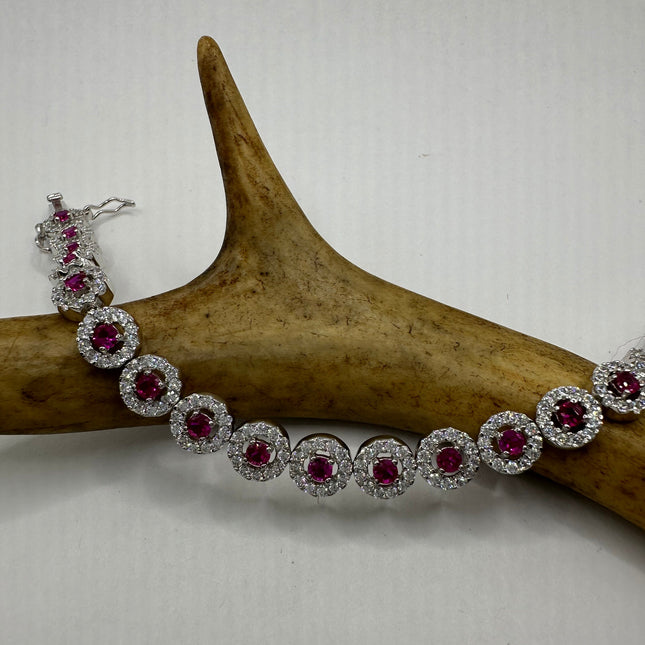 Vintage Silver Tennis Bracelet | Ruby Crystal Diamond Cubic Zirconia | 925 Sterling Silver