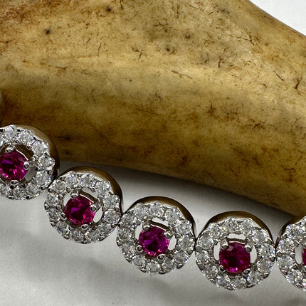Vintage Silver Tennis Bracelet | Ruby Crystal Diamond Cubic Zirconia | 925 Sterling Silver