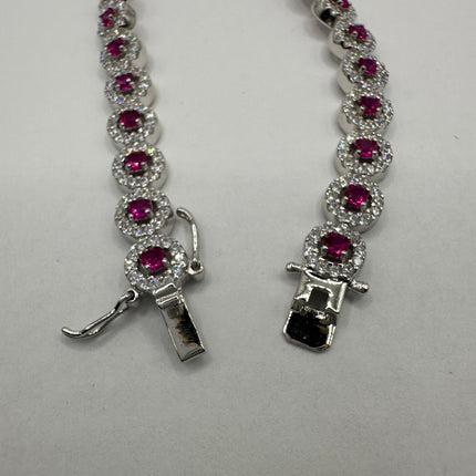 Vintage Silver Tennis Bracelet | Ruby Crystal Diamond Cubic Zirconia | 925 Sterling Silver
