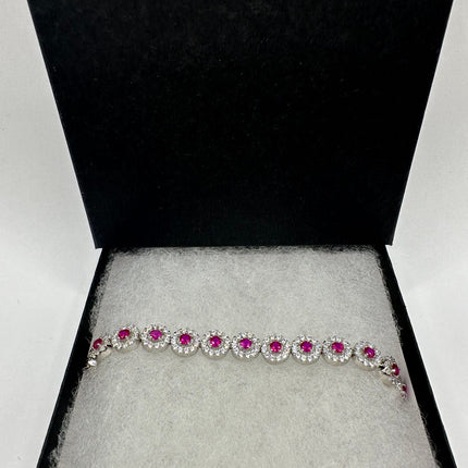 Vintage Silver Tennis Bracelet | Ruby Crystal Diamond Cubic Zirconia | 925 Sterling Silver