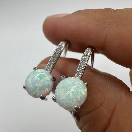 Vintage Silver Earrings | Tiny White Fire Opal Drop Dangle Earrings | 925 Sterling Silver