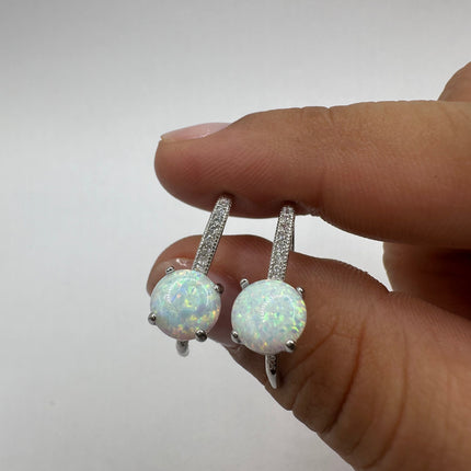 Vintage Silver Earrings | Tiny White Fire Opal Drop Dangle Earrings | 925 Sterling Silver