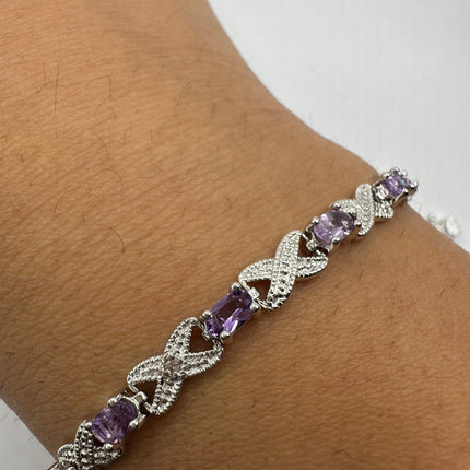 Vintage Silver Tennis Bracelet | Diamond Chip Purple Amethyst Gemstone | 925 Sterling Silver Dainty XOXO Love | Eternity Tennis Bracelet
