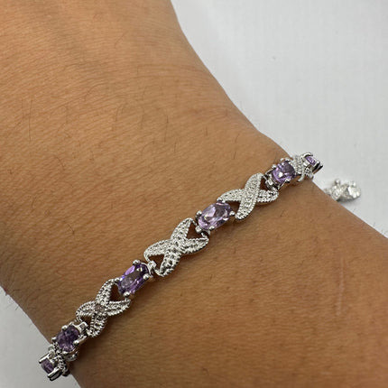 Vintage Silver Tennis Bracelet | Diamond Chip Purple Amethyst Gemstone | 925 Sterling Silver Dainty XOXO Love | Eternity Tennis Bracelet