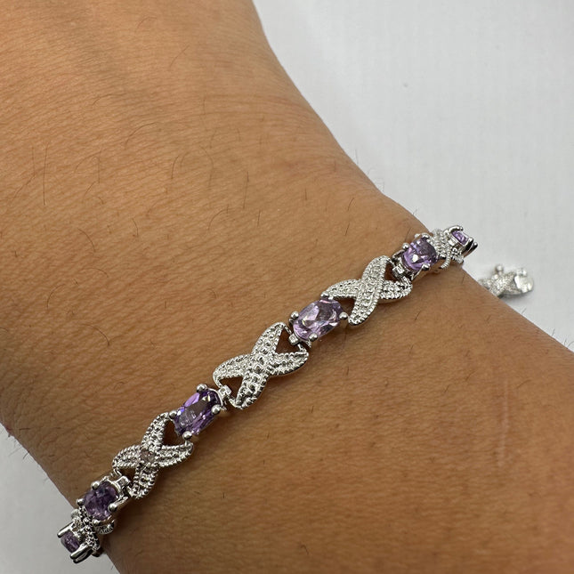 Vintage Silver Tennis Bracelet | Diamond Chip Purple Amethyst Gemstone | 925 Sterling Silver Dainty XOXO Love | Eternity Tennis Bracelet