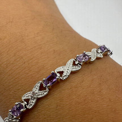 Vintage Silver Tennis Bracelet | Diamond Chip Purple Amethyst Gemstone | 925 Sterling Silver Dainty XOXO Love | Eternity Tennis Bracelet
