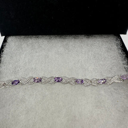 Vintage Silver Tennis Bracelet | Diamond Chip Purple Amethyst Gemstone | 925 Sterling Silver Dainty XOXO Love | Eternity Tennis Bracelet