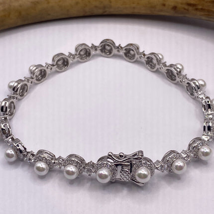 Vintage Silver Tennis Bracelet | Pearl Beads Gemstone Cubic Zirconia Crystal Diamond | 925 Sterling Silver