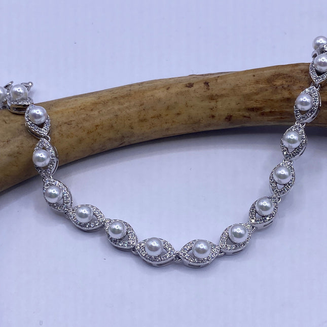 Vintage Silver Tennis Bracelet | Pearl Crystal Diamond Cubic Zirconia | 925 Sterling Silver