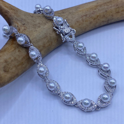 Vintage Silver Tennis Bracelet | Pearl Crystal Diamond Cubic Zirconia | 925 Sterling Silver