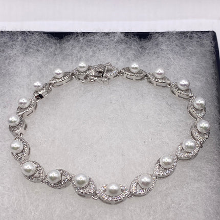 Vintage Silver Tennis Bracelet | Pearl Crystal Diamond Cubic Zirconia | 925 Sterling Silver