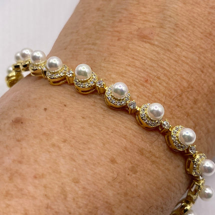 Vintage Gold Tennis Bracelet | Pearl Crystal Diamond Cubic Zirconia | Golden 925 Sterling Silver