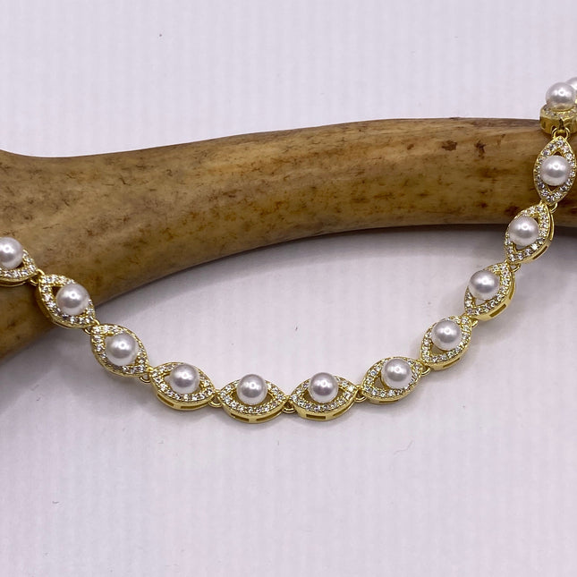 Vintage Gold Tennis Bracelet | Pearl Crystal Diamond Cubic Zirconia | Golden 925 Sterling Silver