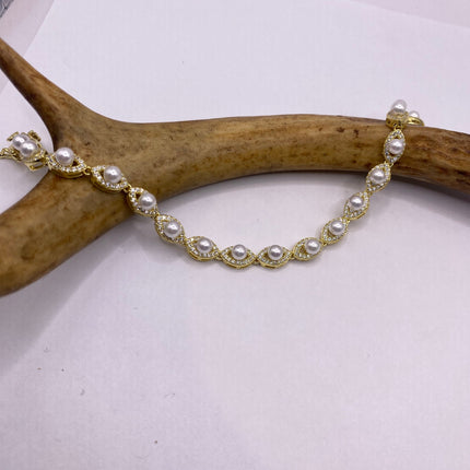 Vintage Gold Tennis Bracelet | Pearl Crystal Diamond Cubic Zirconia | Golden 925 Sterling Silver