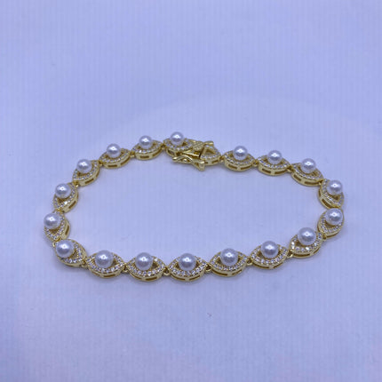 Vintage Gold Tennis Bracelet | Pearl Crystal Diamond Cubic Zirconia | Golden 925 Sterling Silver
