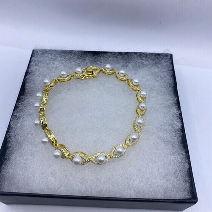 Vintage Gold Tennis Bracelet | Pearl Crystal Diamond Cubic Zirconia | Golden 925 Sterling Silver