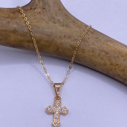 Vintage 9k Gold Filled Tiny Cross on a Gold Filled Chain Necklace - Diamond look, sparkle, minimalist, antique design