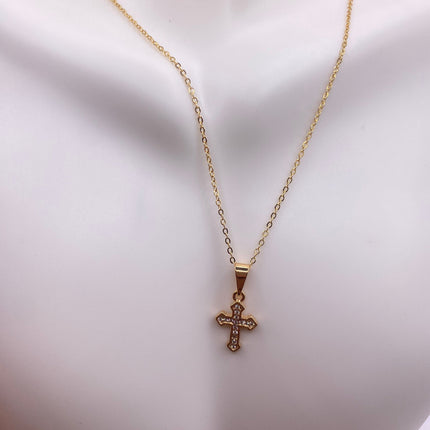 Vintage 9k Gold Filled Tiny Cross on a Gold Filled Chain Necklace - Diamond look, sparkle, minimalist, antique design
