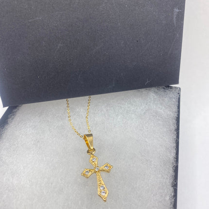 Vintage 9k Gold Filled Tiny Cross on a Gold Filled Chain Necklace - Diamond look, sparkle, minimalist, antique design