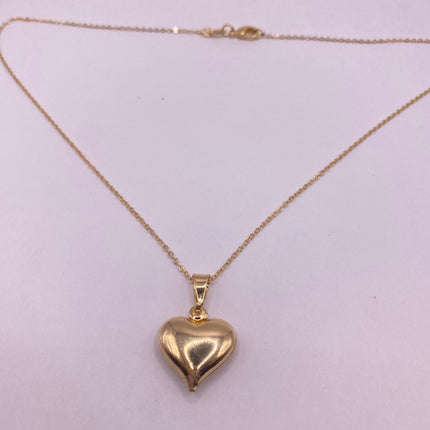 Vintage Gold Pendant Necklace | 9K GF Tiny Puffed Heart Love Lucky Memory Charm Delicate Gold Chain | Everyday Stacking Wedding Prom Jewelry