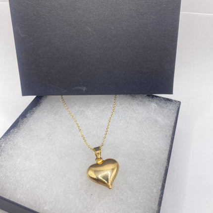 Vintage Gold Pendant Necklace | 9K GF Tiny Puffed Heart Love Lucky Memory Charm Delicate Gold Chain | Everyday Stacking Wedding Prom Jewelry