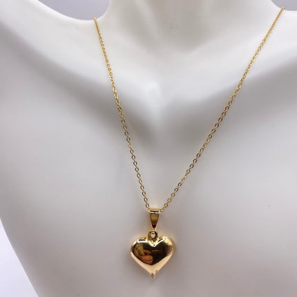 Vintage Gold Pendant Necklace | 9K GF Tiny Puffed Heart Love Lucky Memory Charm Delicate Gold Chain | Everyday Stacking Wedding Prom Jewelry