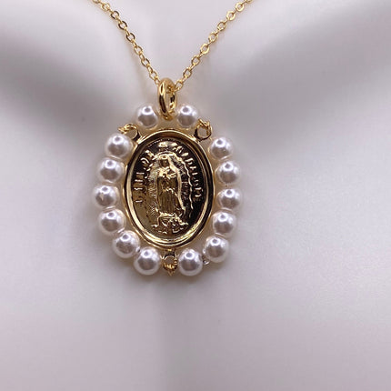 Vintage Tiny Gold Pendant Necklace | Pearl Gemstone 9k Gold Filled Dainty Lady of Guadelupe Saint Amulet Charm Delicate Chain Necklace