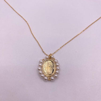 Vintage Tiny Gold Pendant Necklace | Pearl Gemstone 9k Gold Filled Dainty Lady of Guadelupe Saint Amulet Charm Delicate Chain Necklace