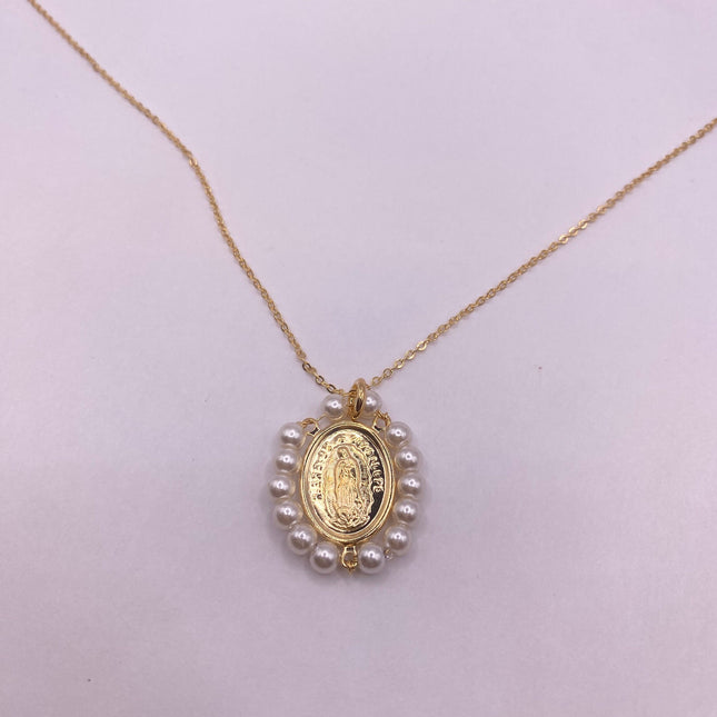 Vintage Tiny Gold Pendant Necklace | Pearl Gemstone 9k Gold Filled Dainty Lady of Guadelupe Saint Amulet Charm Delicate Chain Necklace