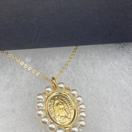 Vintage Tiny Gold Pendant Necklace | Pearl Gemstone 9k Gold Filled Dainty Lady of Guadelupe Saint Amulet Charm Delicate Chain Necklace