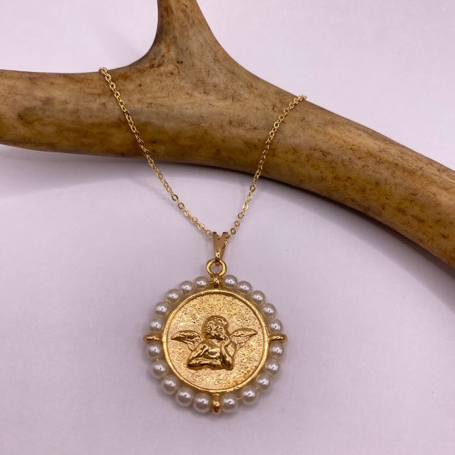Vintage Gold Pendant Necklace | Tiny Pearl Gemstone 9k GF Cherub Angel Amulet on a Gold Filled Chain Necklace