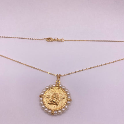 Vintage Gold Pendant Necklace | Tiny Pearl Gemstone 9k GF Cherub Angel Amulet on a Gold Filled Chain Necklace