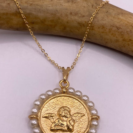 Vintage Gold Pendant Necklace | Tiny Pearl Gemstone 9k GF Cherub Angel Amulet on a Gold Filled Chain Necklace