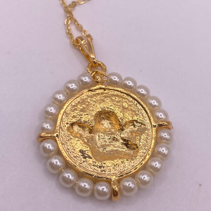 Vintage Gold Pendant Necklace | Tiny Pearl Gemstone 9k GF Cherub Angel Amulet on a Gold Filled Chain Necklace