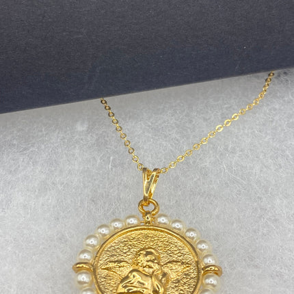 Vintage Gold Pendant Necklace | Tiny Pearl Gemstone 9k GF Cherub Angel Amulet on a Gold Filled Chain Necklace